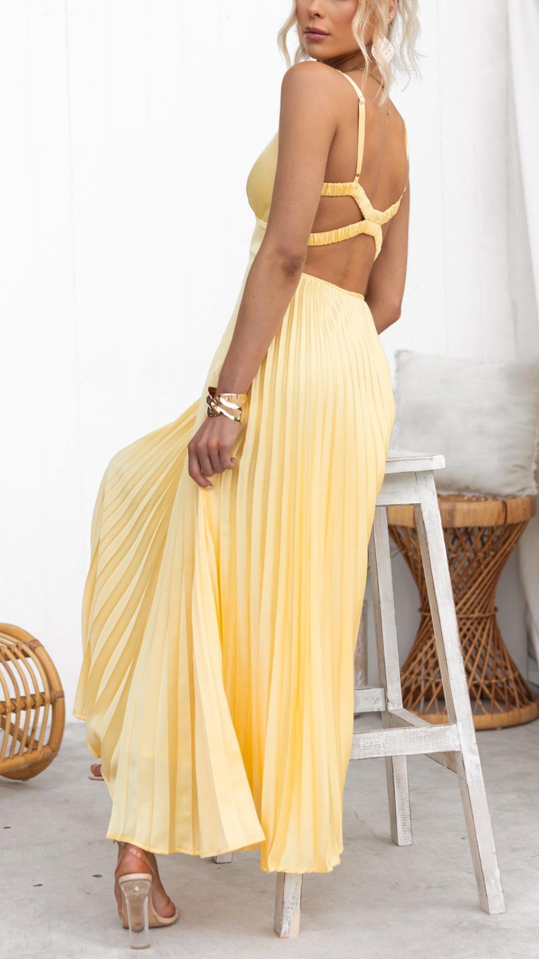 Aby | Yellow Pleated V Neck Maxi Dress