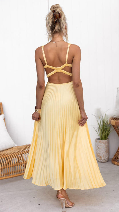 Aby | Yellow Pleated V Neck Maxi Dress