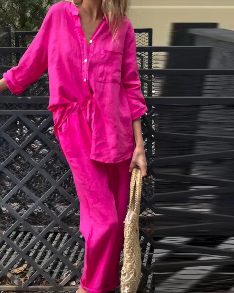 Casual Solid Colour V-Neck Shirt & Trousers Cotton Linen Two-Piece Set