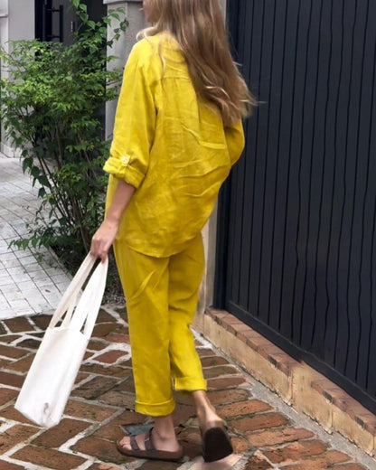 Casual Solid Colour V-Neck Shirt & Trousers Cotton Linen Two-Piece Set