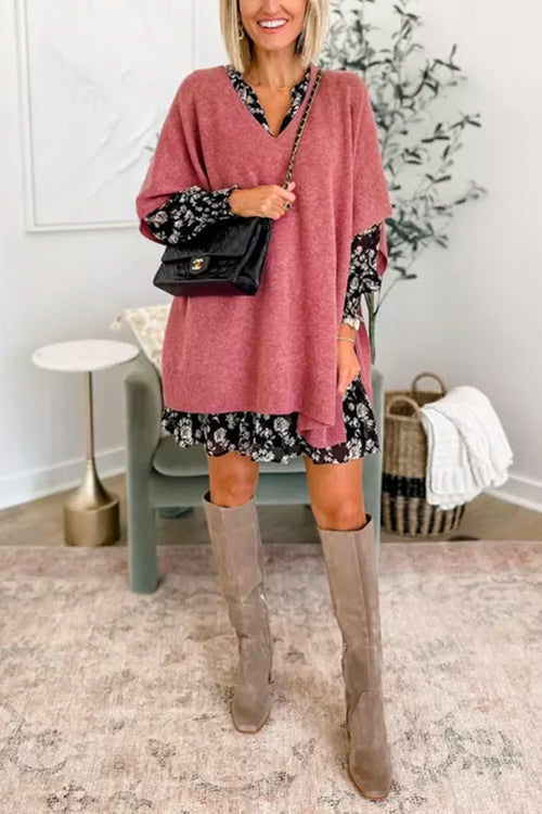 Chic V Neck Loose Fit Solid Poncho Sweater