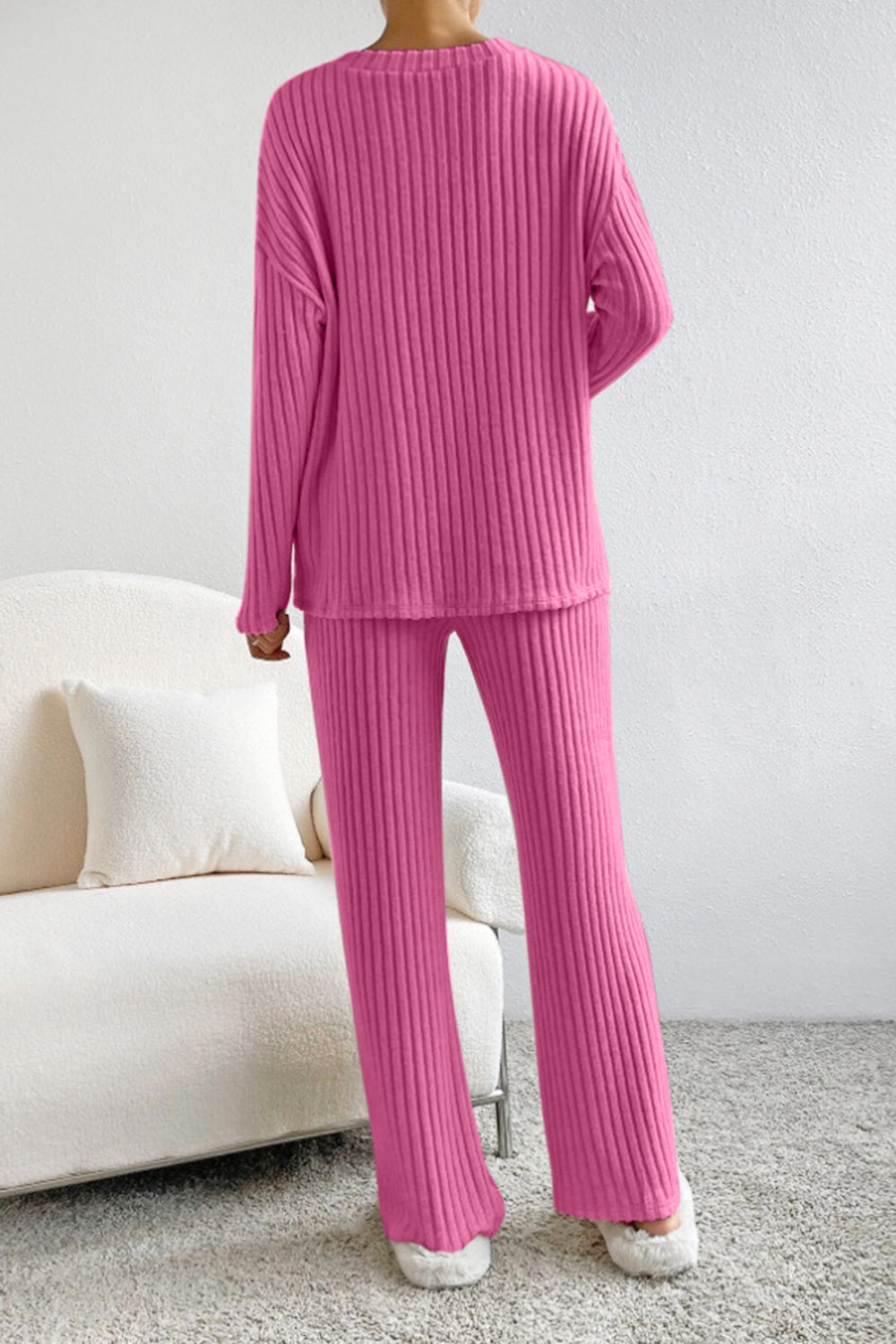 Ribbed V-Neck Top and Trousers Set