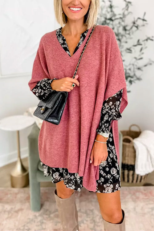Chic V Neck Loose Fit Solid Poncho Sweater