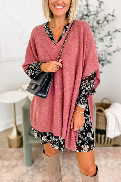 Chic V Neck Loose Fit Solid Poncho Sweater