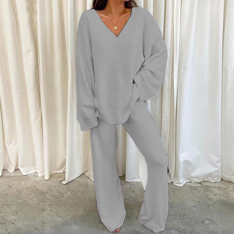 Comfortable Solid Colour V-neck Daily Two-piece Set