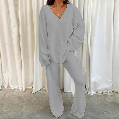 Comfortable Solid Colour V-neck Daily Two-piece Set