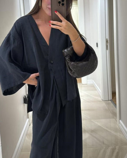 Casual V-Neck Top & Trousers Two-Piece Set