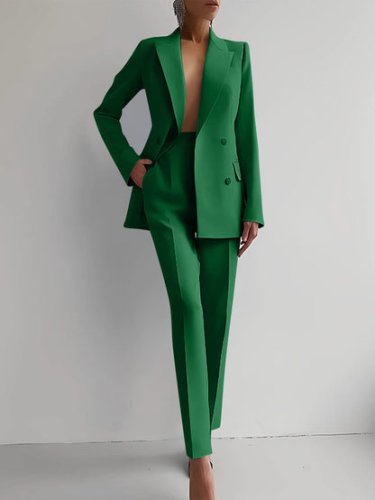 Casual Commuting Solid Colour Blazer & High Waist Trousers Set