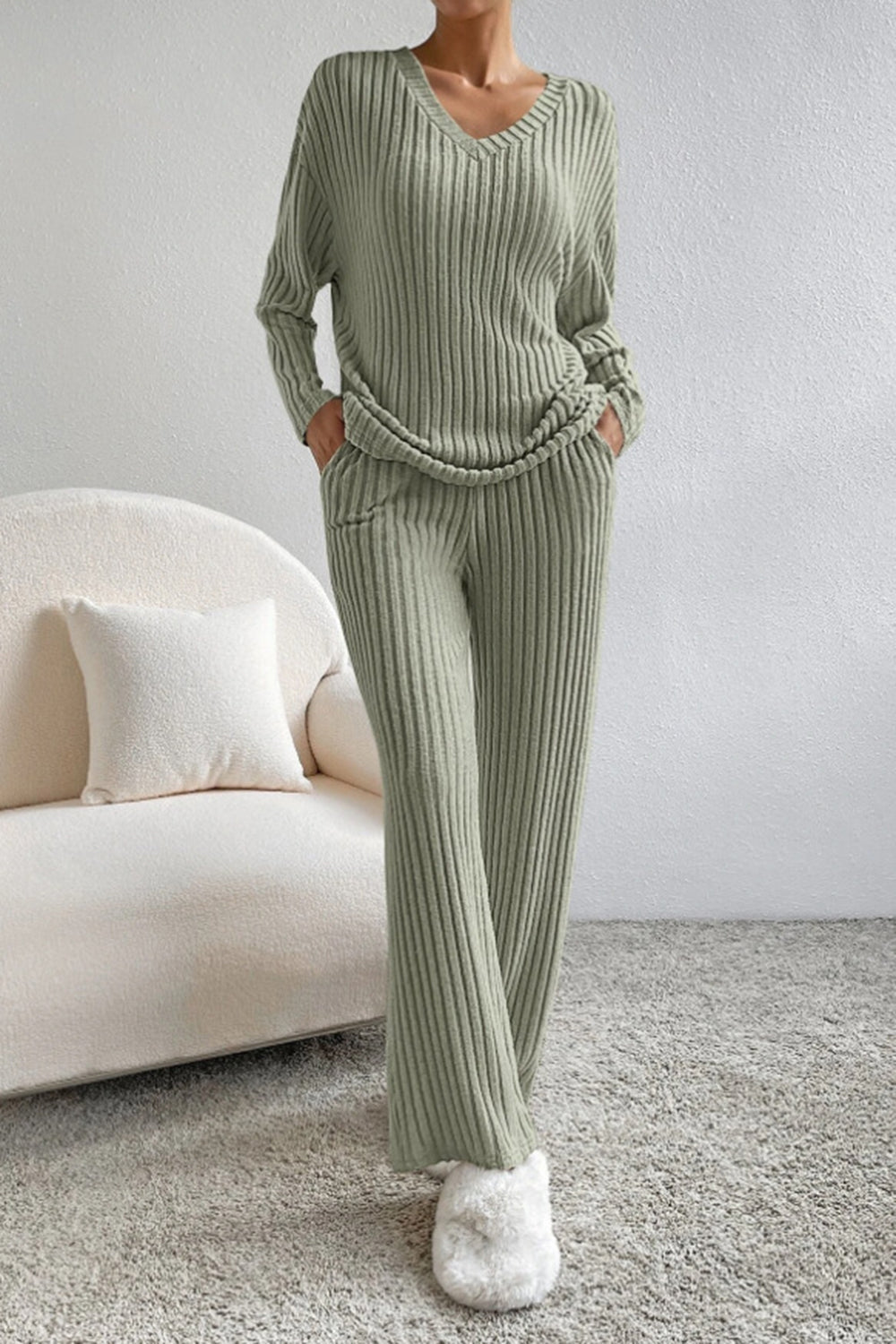 Ribbed V-Neck Top and Trousers Set