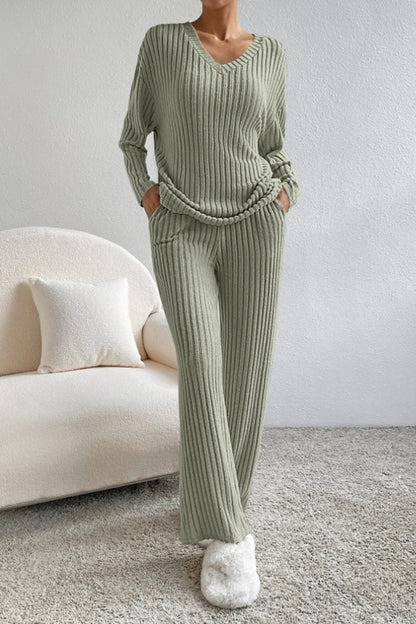 Ribbed V-Neck Top and Trousers Set