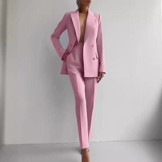 Casual Commuting Solid Colour Blazer & High Waist Trousers Set
