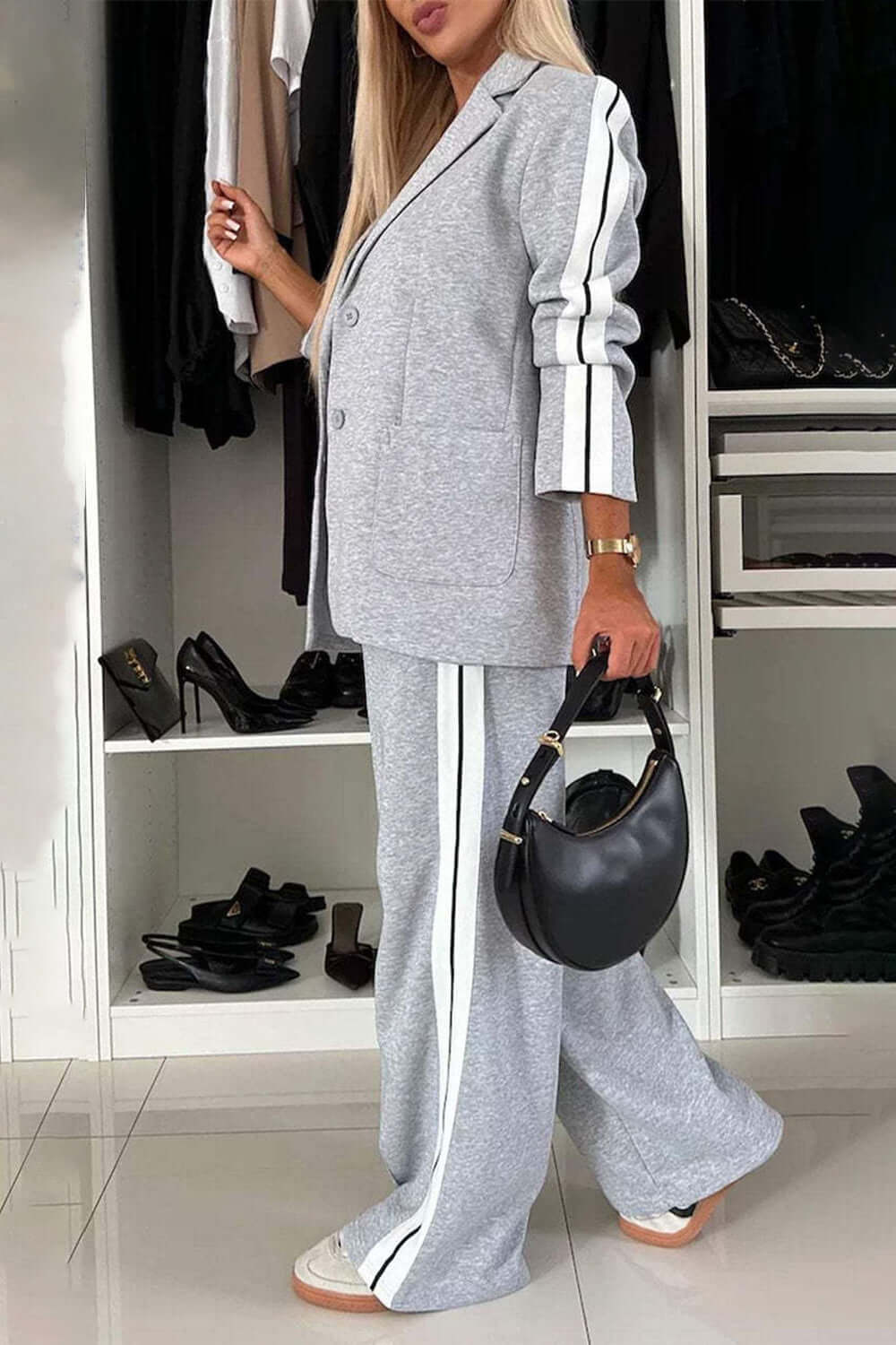 Contrast Lapel Collar Top and Trousers Set
