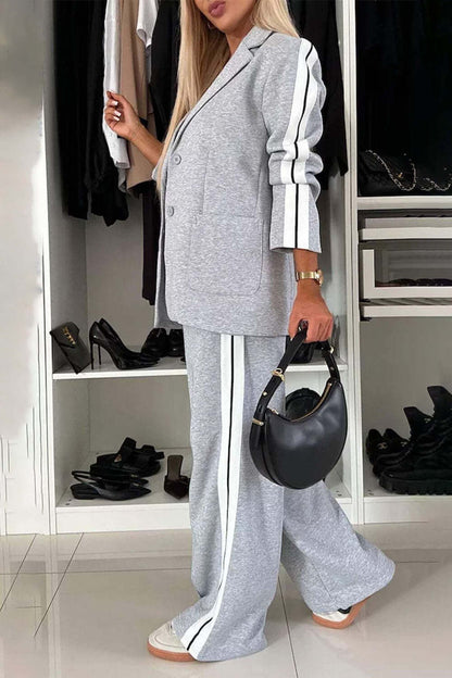 Contrast Lapel Collar Top and Trousers Set