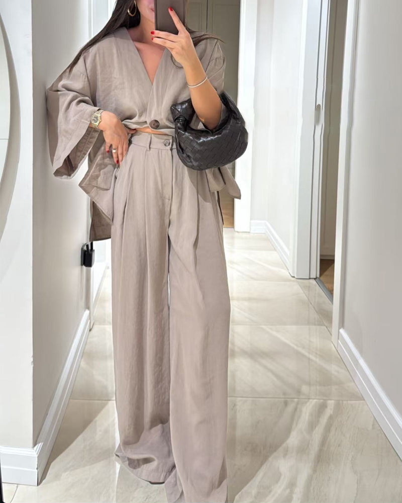 Casual V-Neck Top & Trousers Two-Piece Set
