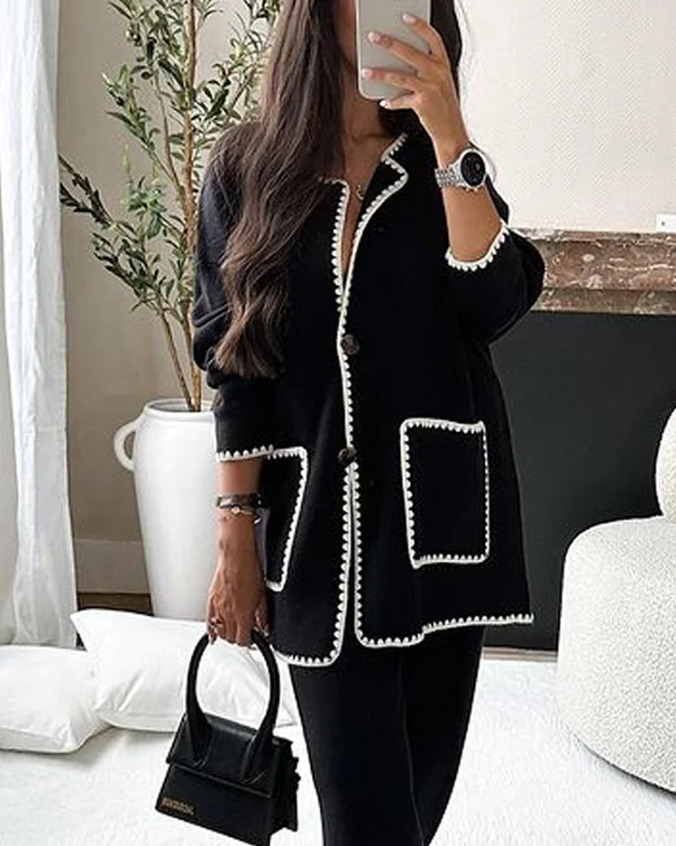 Edge Decorated Jacket Casual Trousers Two-piece Set