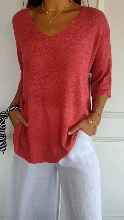 Solid Colour Knitted V-neck Top