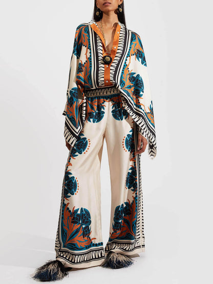 Fine Satin Floral Print Batwing Sleeve Shirt and Trousers Set