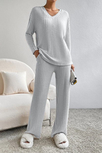 Ribbed V-Neck Top and Trousers Set