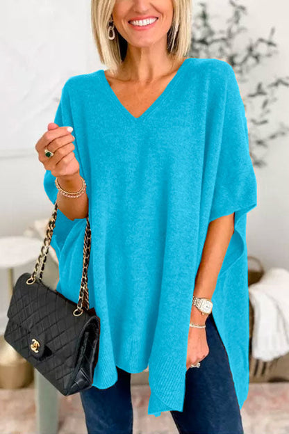 Chic V Neck Loose Fit Solid Poncho Sweater