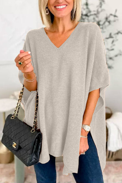 Chic V Neck Loose Fit Solid Poncho Sweater