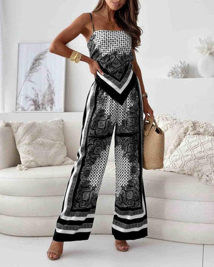 Stylish Printed Lace-Up Vest & Trousers Two-Piece Set