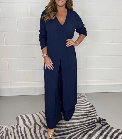 Two-piece Casual Long Top and Matching Trousers Set
