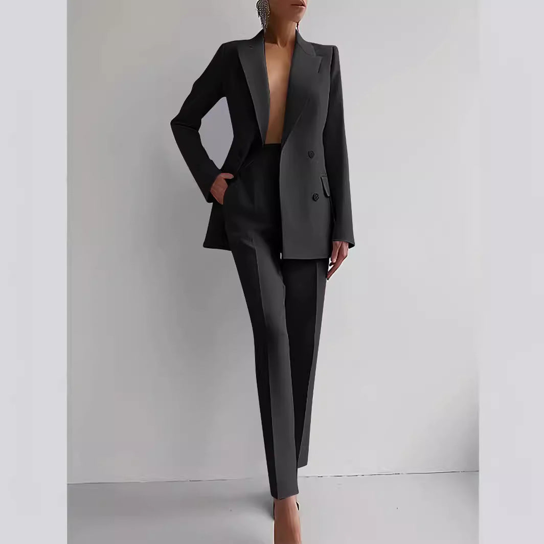 Casual Commuting Solid Colour Blazer & High Waist Trousers Set