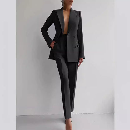 Casual Commuting Solid Colour Blazer & High Waist Trousers Set