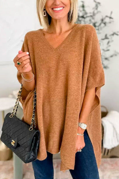 Chic V Neck Loose Fit Solid Poncho Sweater