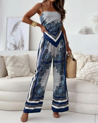 Stylish Printed Lace-Up Vest & Trousers Two-Piece Set