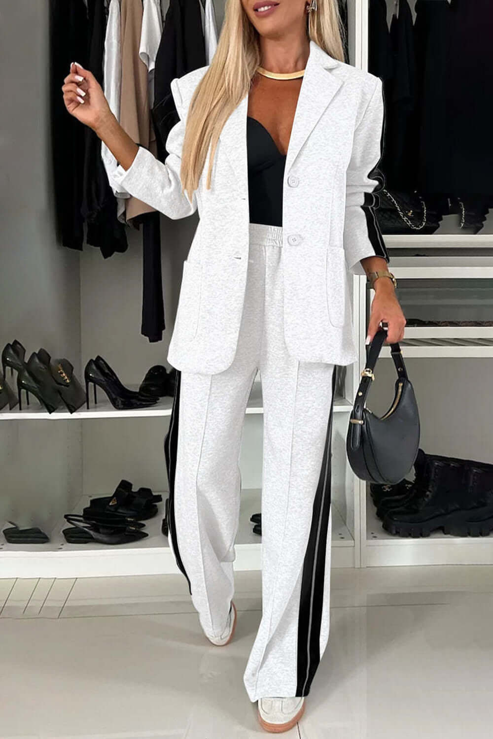 Contrast Lapel Collar Top and Trousers Set
