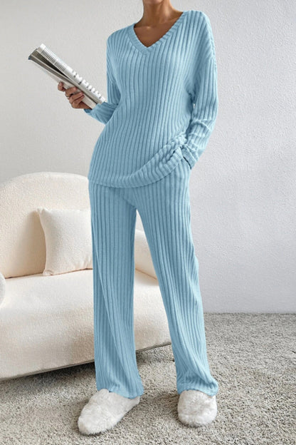 Ribbed V-Neck Top and Trousers Set