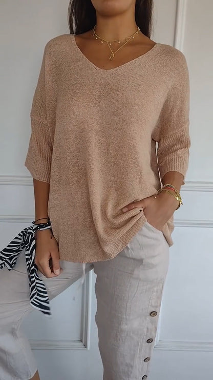 Solid Colour Knitted V-neck Top