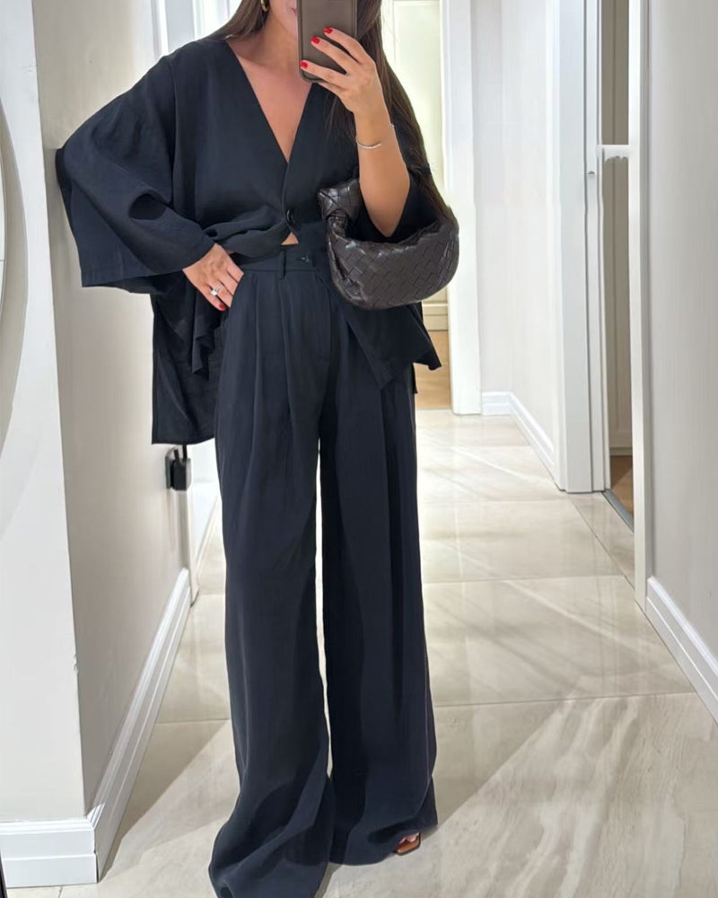 Casual V-Neck Top & Trousers Two-Piece Set