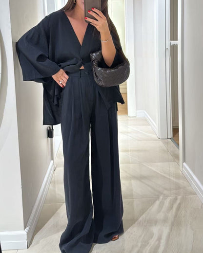 Casual V-Neck Top & Trousers Two-Piece Set