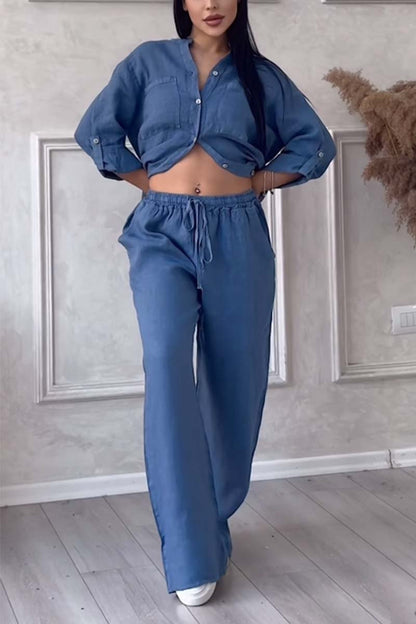 Casual solid colour cotton and linen trousers two-piece set