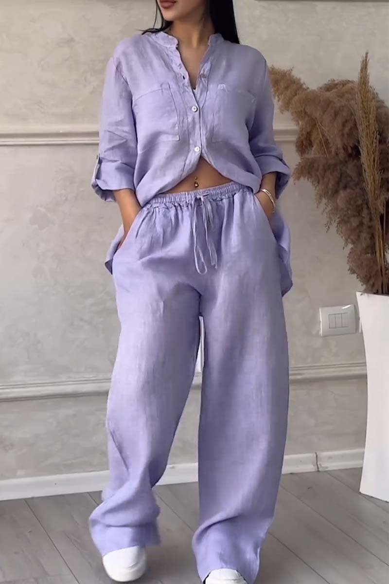 Casual solid colour cotton and linen trousers two-piece set