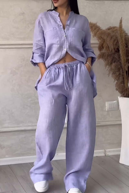 Casual solid colour cotton and linen trousers two-piece set