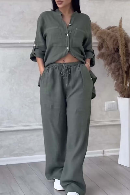 Casual solid colour cotton and linen trousers two-piece set