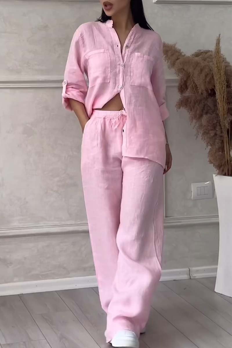 Casual solid colour cotton and linen trousers two-piece set