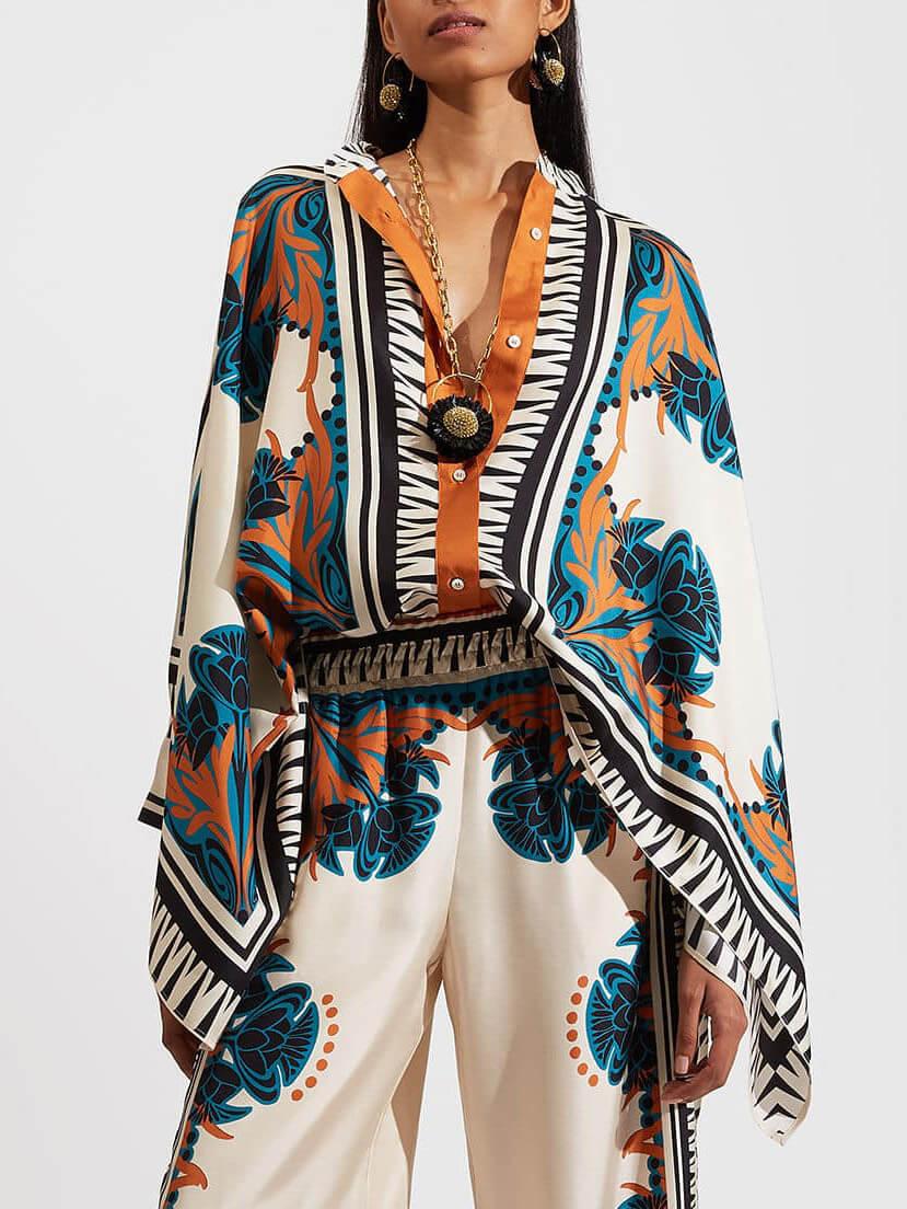 Fine Satin Floral Print Batwing Sleeve Shirt and Trousers Set