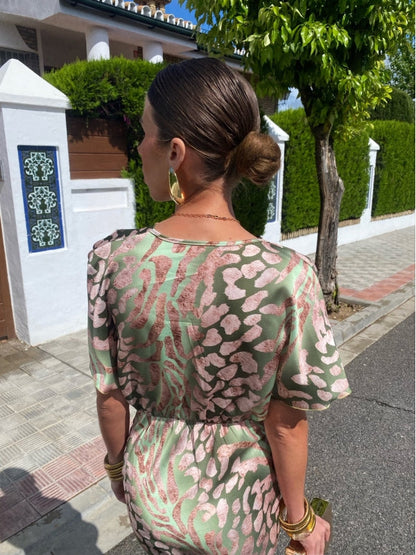 Liora | Satin Dress with Leopard Print