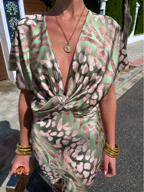 Liora | Satin Dress with Leopard Print