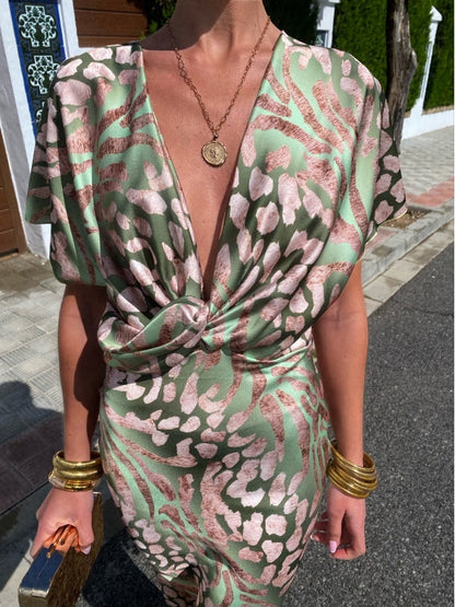 Liora | Satin Dress with Leopard Print