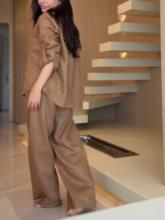 Brown long-sleeved shirt and trousers suit