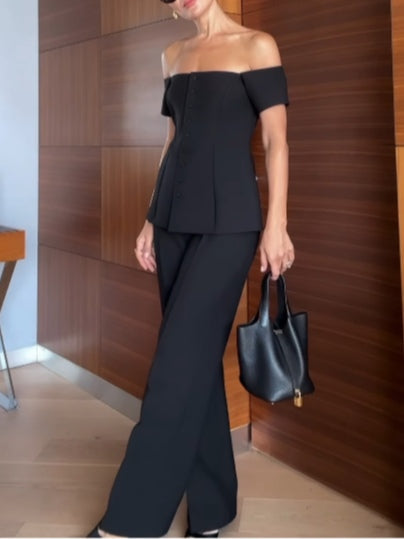 Off-shoulder short-sleeved button-down waistcoat suit